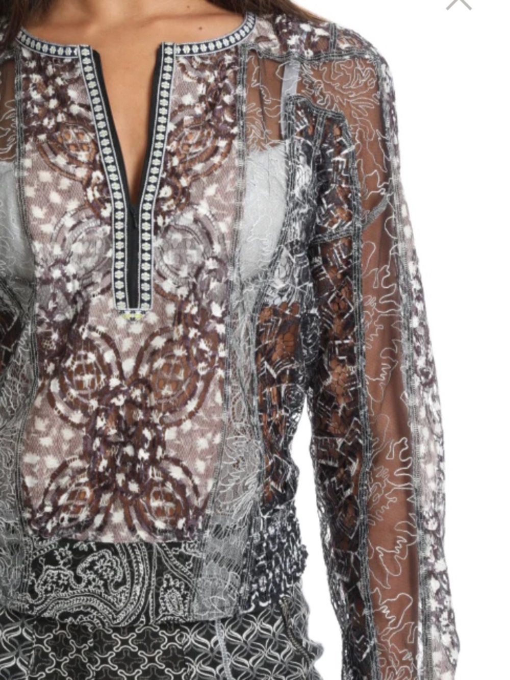 Byron Lars Sheer Embroidered V-Neck Blouse in Brown and Black